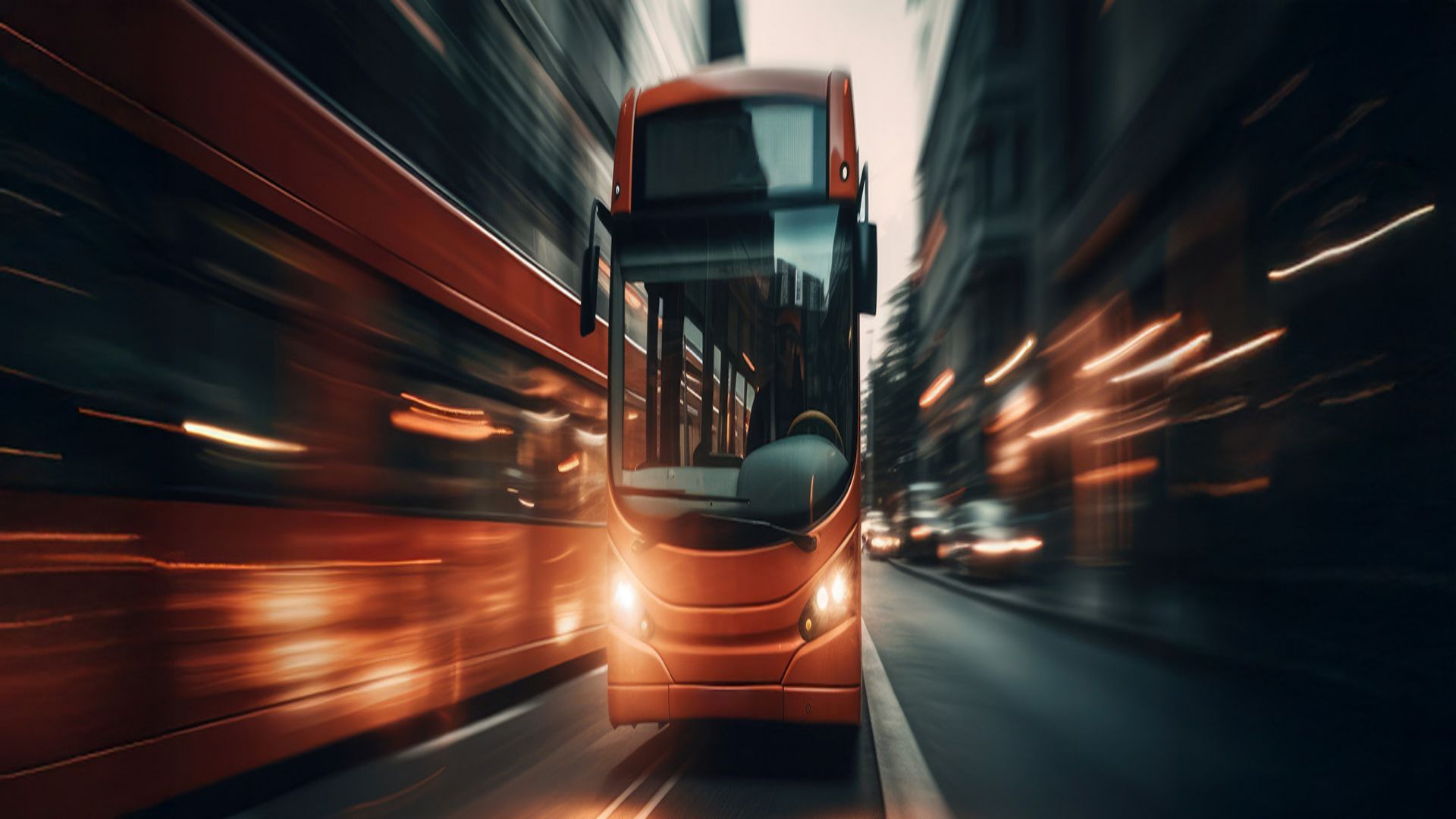 Ein Bus f&auml;hrt durch eine Stadt bei Nacht